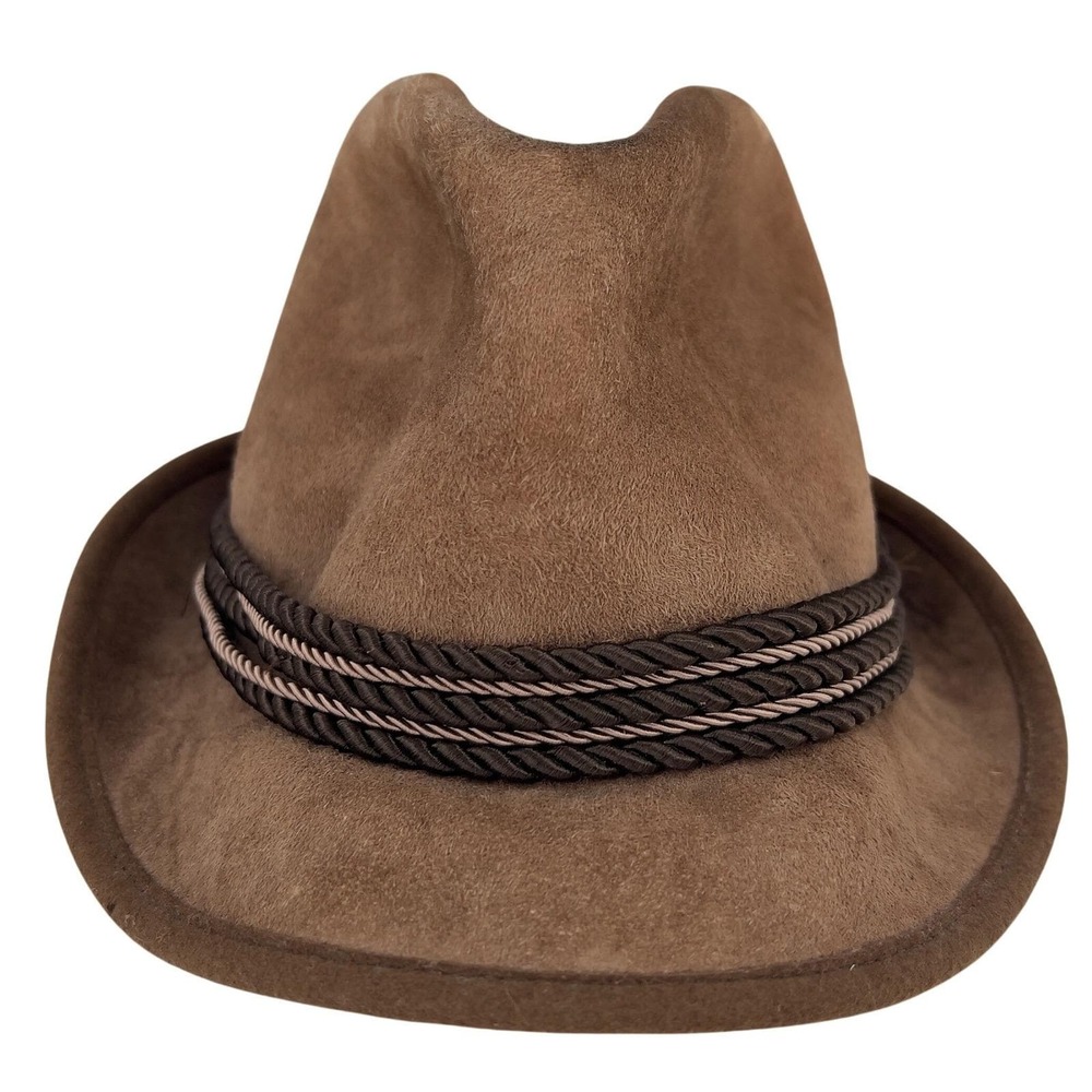 Vintage Echt Leder Vintage German Alpine Tyrolean Fedora Hat Brown Suede 57 M